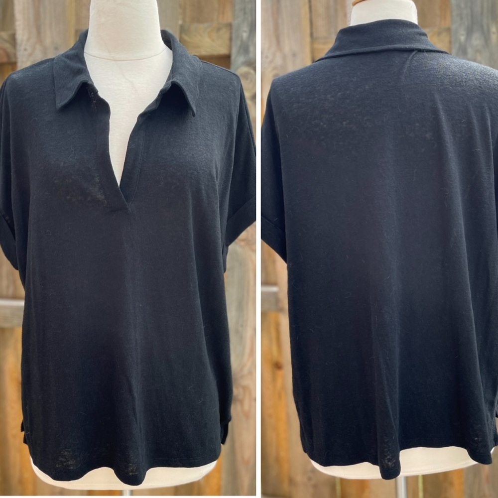 Banana Republic Black Polo Type Cuffed Short Sleeve Linen Blend Top XL
